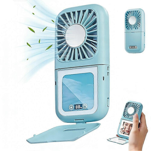 (blue) Foldable Neck Fan ZK13 - ABS PCBA 100 Speed Settings LED Makeup Mirror