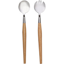 Ensemble de 2 couverts Ă salade et Ă fruits en acier inoxydable avec manche en bois, design classique, aspect simple et rustique.