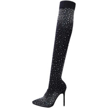 Overknee-Stiefel mit hohem Absatz für Damen, Strassverzierungen, oberschenkelhoch, dehnbar, schwarz