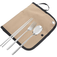Ensemble de couverts de camping avec sac de transport, kit de 5 ustensiles portables en nylon comprenant baguettes, cuillère et fourchette.