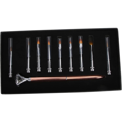 9pcs Nail Art Brush Tool Set Replacement Pen Tips Crystal Handle Professional Salon