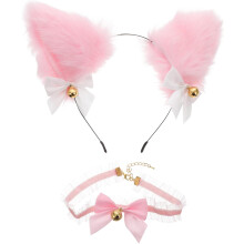 Lolita Fuchsohren-Stirnband-Set, Plüschkatzenohren mit Spitzenschleife und Glöckchen, Cosplay-Accessoires