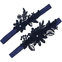Spitzenstrumpfband mit Perlenverzierung, elastische Braut-Beinbänder (Paar) in Marineblau, Braut-Spitzenstrumpfbänder für Damen