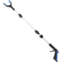 Recogedor de basura plegable de largo alcance con mango azul y varilla plateada