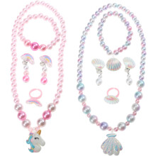 Conjunto de collar, pulsera y anillo para niñas y niños con dijes de unicornio y concha marina.