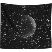 Wandteppich mit Kosmos-Mond- und Sternenmotiv, schwarzer Plüschhintergrund, große Größe, Polyester.