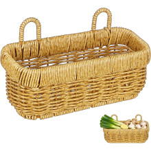Cesta colgante tejida con asa, cesta de ratán plástico, diseño rústico que ahorra espacio.