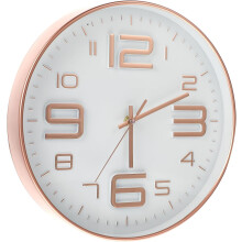 Moderne, runde, weiße Wanduhr (30 cm Durchmesser) mit 3D-Zahlen, gefertigt aus leichtem Kunststoff und Glas.