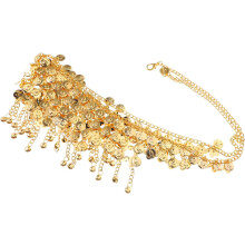 Verstelbare boho buikketting met kwastjes en belletjes, flexibele tailleband.