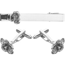 Ensemble pince à cravate et boutons de manchette rose pour homme, motif rose argenté brillant, accessoires de costume pour mariage et affaires.