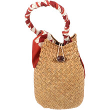 Gewebte Strohtasche mit rotem Schal, kleine, böhmische Sommer-Strandtasche für Damen, leicht und tragbar