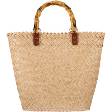 Beige gewebte Tragetasche mit Bambusgriffen, große gehäkelte Handtasche für den Sommerstrand