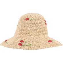 Sombrero de sol de paja tejida beige para mujer, estilo cubo de ala ancha con detalle de cereza, ligero y transpirable.