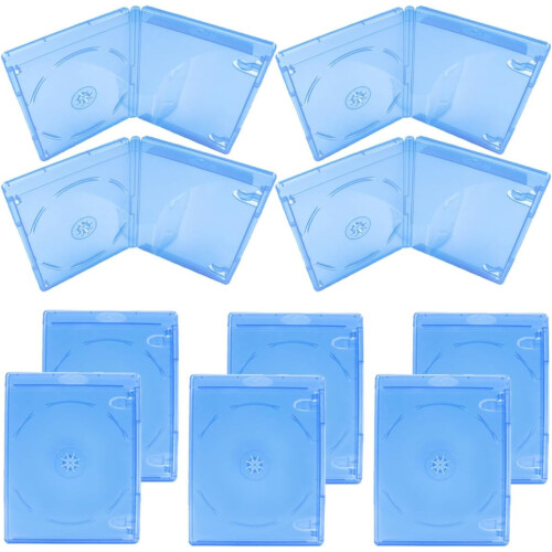 Lot de 10 boîtiers CD simples bleus en plastique avec clips de fixation.