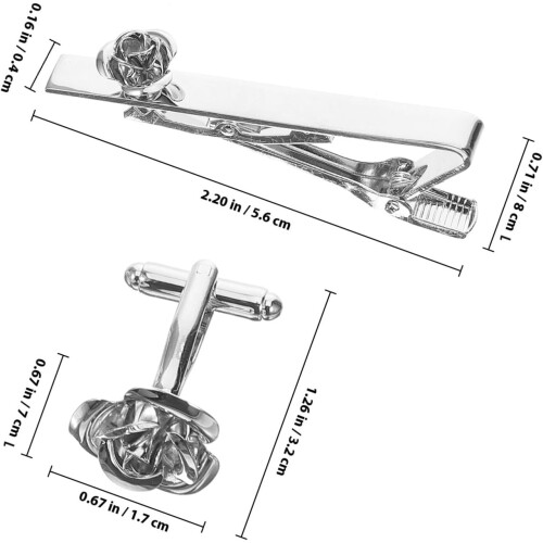 Set composto da fermacravatta e gemelli con rose, in argento brillante, accessori per abito da cerimonia e da lavoro. 1