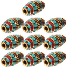 10 handgefertigte tibetische Kupfer-Abstandshalterperlen (12 x 26 mm) mit handeingelegten türkisfarbenen Perlen im Vintage-Stil aus Nepal