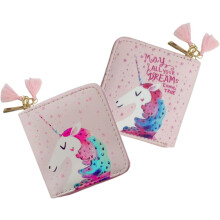 Cartoon Einhorn PU Reißverschlussgeldbörse für Mädchen Kleine Rosa Kurze Geldbörse Schülerkartenhalter Münzfach
