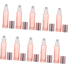 10pcs 10ml garrafas de rolo de óleo essencial de vidro rosa com rolos de aço inoxidável e tampas ABS
