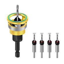 (Golden) Smart Depth Stop Drill Set 4pcs - Carbon Steel Countersink Bits Adjustable Stop