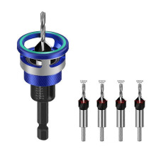 (Blue) Smart Depth Stop Drill Set 4pcs - Carbon Steel Countersink Bits Adjustable Stop