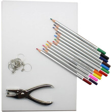 Kit folie termocontractabilă DIY, 10 coli, 12 creioane colorate, 1 perforator și 10 brelocuri