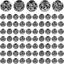 100pcs liga espaçador contas grande buraco oca redonda contas de metal espaçadores design único prata mistura e correspondência
