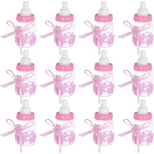 12 Stück Süßigkeitenboxen in Plastikflaschen mit rosa Schleife, tragbare, wiederbefüllbare Behälter für Gastgeschenke