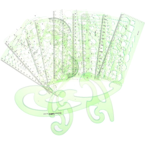 Set di 13 righelli geometrici in plastica per disegno tecnico.
