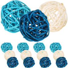 15 bolas de ratán decorativas esféricas con emisores de fragancia, elegantes esferas de fibra vegetal blancas y azules.