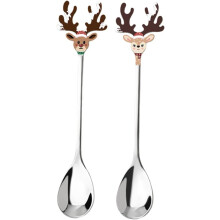 Lot de 2 cuillères à dessert de Noël en acier inoxydable avec motif de rennes, style vintage