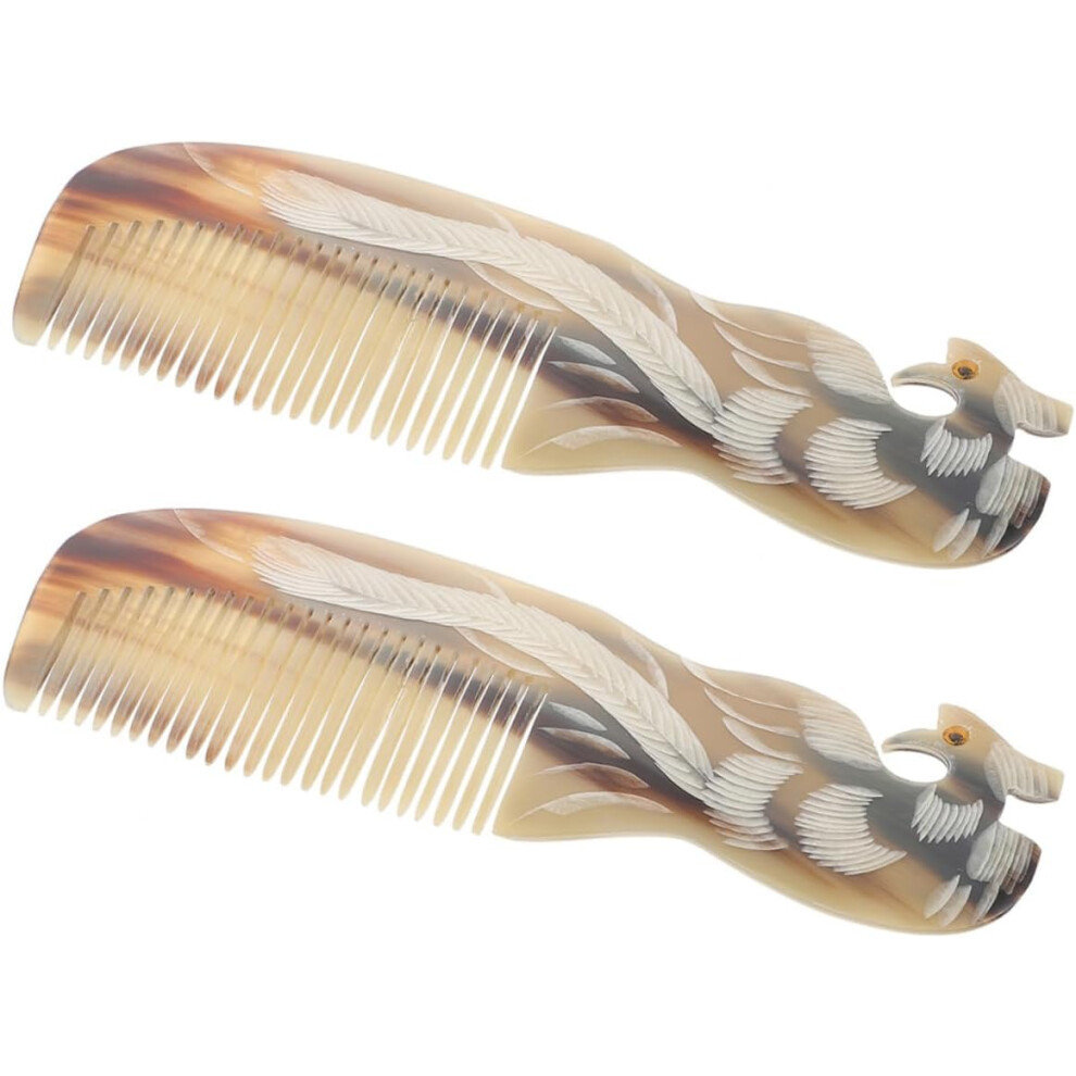 Hkhbjs 2Pcs Natural Ox Horn Wide Tooth Combs Dual-Sided Carved Phoenix Pattern Multifunction Hair Combs