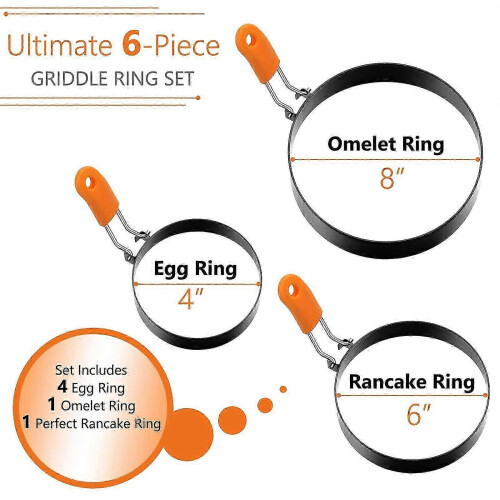6pcs Professional Egg Rings Pancake Ring Set Stainless Steel Fried Egg Ring Griddle Pancake Maker with Silicone Handle for Breakfast 1