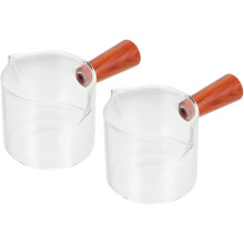 2 Espressomessbecher mit Doppelausguss, Milchkännchen aus Glas mit Holzgriff