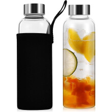2 Glasflaschen mit Edelstahldeckeln und Neopren-Flaschenhüllen, 500 ml, Weithals mit Griffen