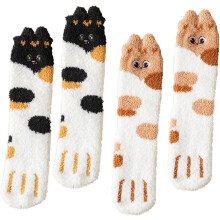 2 Paar Damen-Socken aus Korallenfleece mit Katzenpfotenmuster, mittelhoch, dick, warm, Mädchensocken