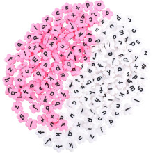 200Pcs Acrylic Flower Shape Letter Beads DIY Craft Loose Beads with Black Lowercase Letters Pink and White Base