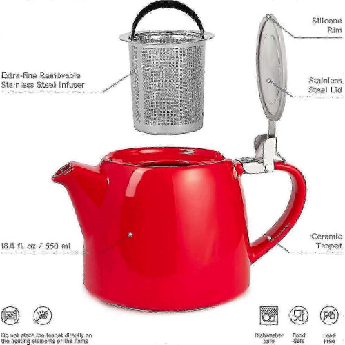 550ml Red Ceramic Loose Leaf Teapot with Strainer and Lid 1