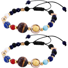 2er-Set Armbänder mit Sonnensystem-Motiven und Natursteinperlen, Sternen-, Planeten- und Galaxienarmreifen