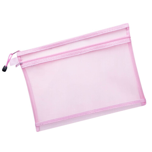 Transparent Mesh File Bag Double Layer Zipper Pink 1