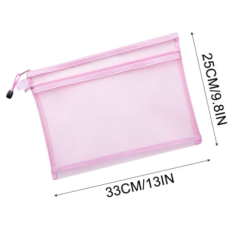 Transparent Mesh File Bag Double Layer Zipper Pink 2