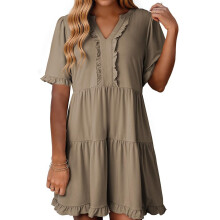 Womens Summer Dresses 2025 V Neck Short Sleeve Casual-Khaki XL
