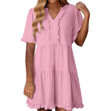 Womens Summer Dresses 2025 V Neck Short Sleeve Casual A-Pink XL