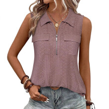 Women's Zipper V-Neck Sleeveless Tops-pale pinkish gray XL