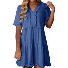 Womens Summer Dresses 2025 V Neck Short Sleeve Casual A-Blue S