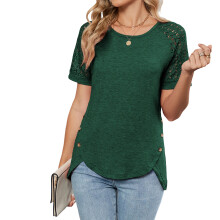 Women's openwork lace sleeve top, elegant loose round-Green XXL