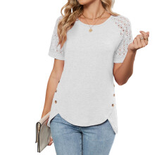 Women's openwork lace sleeve top, elegant loose round-White M