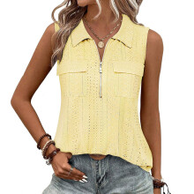 Women's Zipper V-Neck Sleeveless Tops Business Casual-Yellow XL