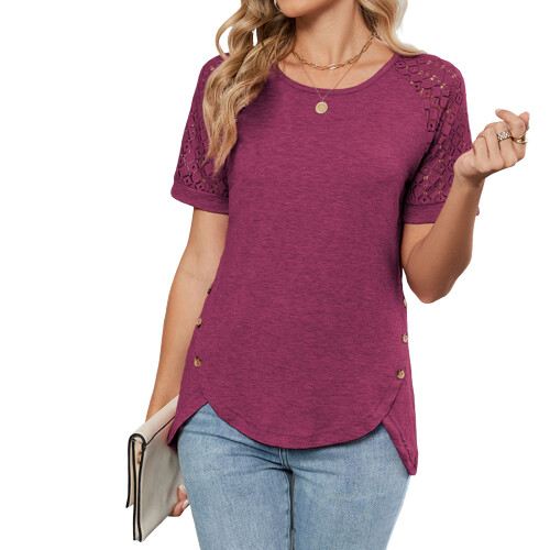 Women's openwork lace sleeve top, elegant loose-deepdarkred S