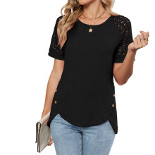 Women's openwork lace sleeve top, elegant loose round-Black S