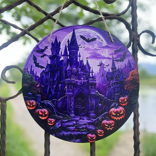 Ξύλινη πινακίδα πόρτας για το Halloween 30x30εκ. με σχέδιο κάστρου 1